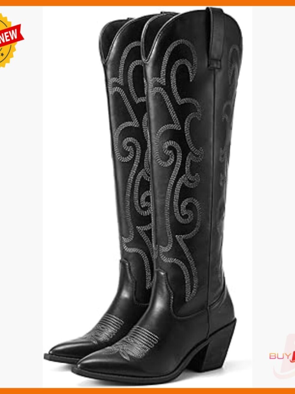 Knee-High Western Boots with Embroidered Design, Pointed Toe, Chunky Heel